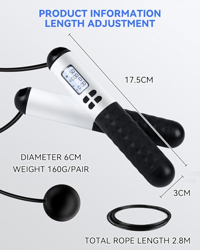 iMoebel Springseil mit Zähler, Verstellbar Speed Rope Seilspringen Stahlseil Anti-Rutsch Griffe Kalorienzähler Timer für Fitness Boxen Abnehmen Crossfit, Schwarz-weiß