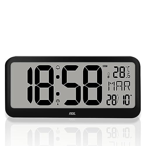 ADE Reloj Digital de Pared Grande radiocontrolado con dígitos XXL | Enorme Reloj de sobremesa con Calendario | con termómetro y Alarma Personas Mayores, usuarios de Gaf