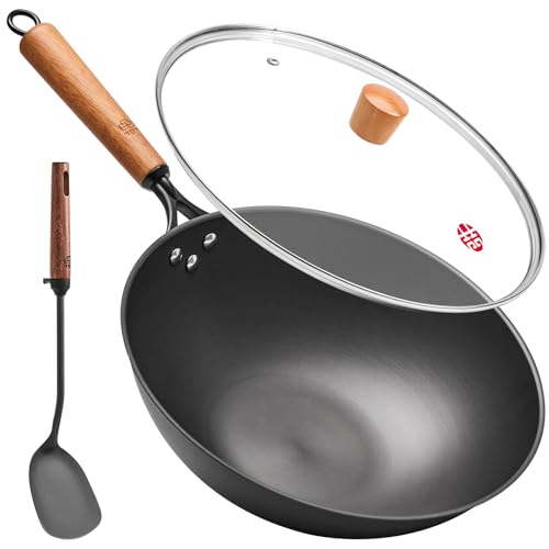 WANGYUANJI 12.6 Inch Iron Wok with Glass Lid, Flat Bottom Stir Fry Pan with Wooden Handle, Non-Coated Naturally Nonstick Skillet, Traditional Chinese Wok for Gas, Electric & Induction Cooking