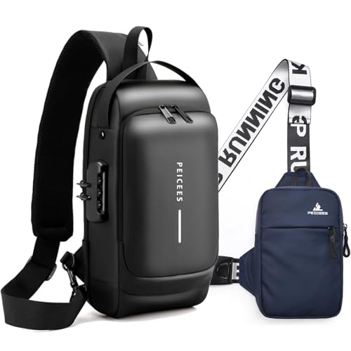 Peicees Mens Crossbody Bag Man Bags Mens Purse Anti-theft Sling Bag Shoulder Bag Chest Bag, Leather Black and Mini Dark Blue