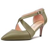 Saekcted Mujer Aguja Medio Heel Puntiaguada Punta Pumps Correa Cruzada Cierre con Hebilla de Boda Cute 6.5 CM Heels Verde B 40 EU