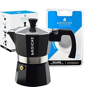 GROSCHE Milano Stovetop Espresso Maker Moka pot 3 espresso Cup 5 oz Black and 3 Replacement Seals Gaskets Bundle Stove top coffee maker Moka Italian espresso coffee maker and replacement gaskets