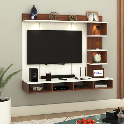 Image of Anikaa Kirina Engineered Wood Wall-Mount TV Unit with PVC Back Panel & LED Lights | TV Cabinet with Storage Box & Decorative Shelves (Walnut /White) | Ideal for TVs up to 55 Inch | DIY Installation