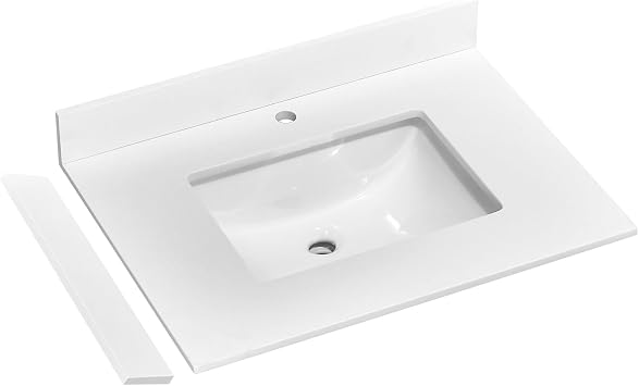 30" x 22" Vanity Top, Quartz Vanity Sink Top in Pure White, with One Sidesplash & One Backsplash, with Undermounted Rectangular Sink,Single Faucet Hole for Vanity Top with Sink