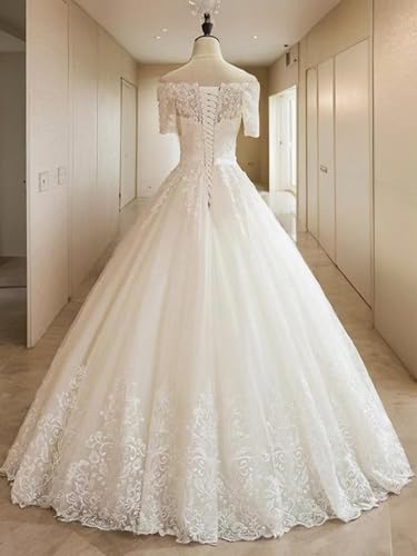 Women's Gorgeous Boat Neck Lace Wedding Dresses for Bride Short Sleeves Tulle Bridal Gown A Line Long Formal Dress2