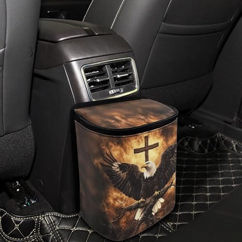 Image of Talayituse Eagle Cross Fire Print Car Trash Can with Adjustable Straps, Zip Closure Car Trash Bag Bin Auto Garbage Bag Multipurpose Storage Box for Vehicle Travel Camping Picnicing