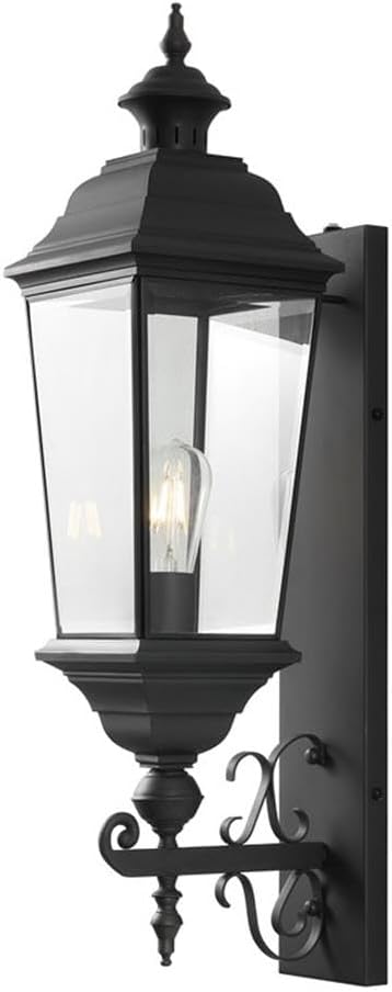 Pemberly Row Modern Outdoor Wall Sconce, Black Metal Frame with Clear Glass Panels, 7 x 9.5 x 28.5 in, Weather-Resistant, Contemporary Light Fixture for Patio, Entryway, or Garden