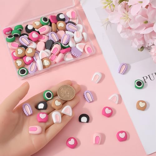 SUNNYCLUE 1 Box 96Pcs 8 Styles Cute Cabochons Mini Resin Charms Flatback Cartoon Animal Cat Rabbit Bear Pink Ears Round Eyes Colorful Kawaii Cabochon for Scrapbooking Embellishments DIY Craft Hairpin - Image 3