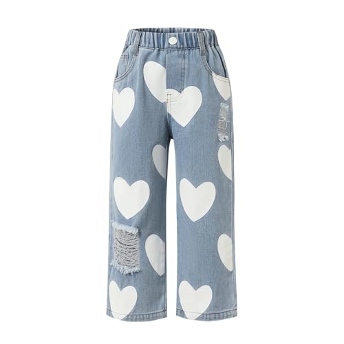 Girls' Cute Heart Print Elastic Waist Casual Wide Leg Ripped Denim Jeans