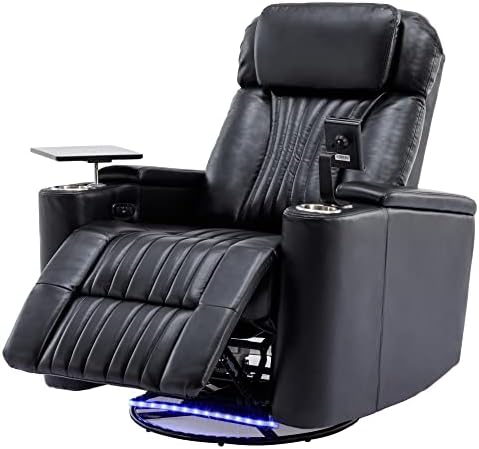 UFINEGO Swivel Recliner Chair with USB Ports and Cup Holders, Electric Home Theater Seating with 360 Swivel Tray Table, Cell Phone Stand & Hidden Arm Storage,NO Rocking,Black