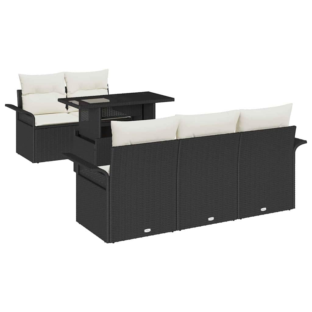 Juego de salón modular de ratán negro de 6 piezas con cojines y mesa de vidrio, sofá de jardín con respaldo ergonómico, diseño moderno para terraza y jardín
