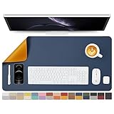 HOMIEAZICOZI 両面レザーデスクマット - 防水パッド オフィスや自宅の整理アクセサリー 机の上の理想的な大型マウスマット (ダークブルー+イエロー、31.5インチ×15.7インチ)