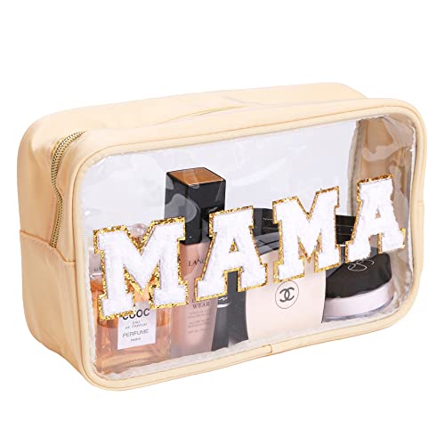 Image of TBOLINE Chenille Letter Bag,Mama Clear Pouch Bag, Preppy Patch Clear Mama Makeup Bag, PVC Waterproof Cosmetic Bag with Zipper, Travel Toiletry Bag Organizer for Women…