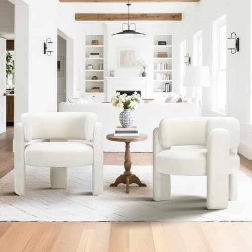 COLAMY Modern Accent Chairs Set of 2, Upholstered Barrel Chairs, Comfy Sherpa Side Arm Chairs with 3 Legs for Living Room, Bedroom, Reading, Cream