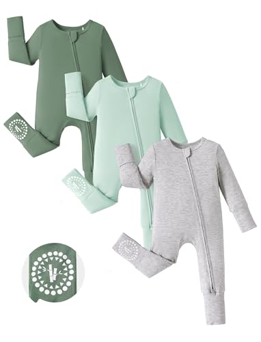 Image of PATPAT Baby Footies Boys Girls - Bamboo Viscose - Zipper & Non-Slip Soles Romper Mitten - Footed & Footless Infant Clothes