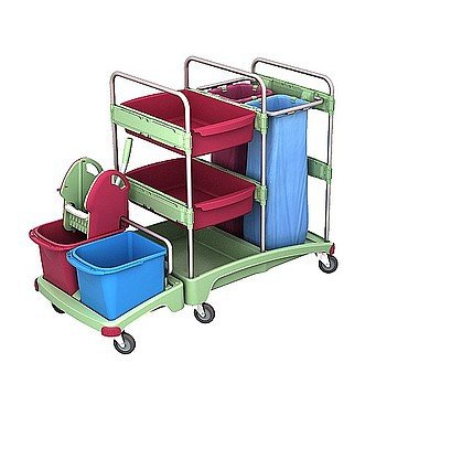 Antibakterieller Reinigungswagen mit Moppresse, 2x 70l Beutelhalter, Regal