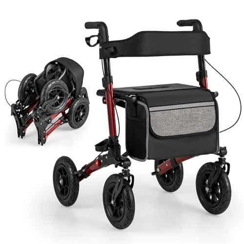 HOMASIS 2 in 1 Deambulatore per Anziani con Seduta, Deambulatore Pieghevole e Regolabile in 7 Altezze, Carrello Rollator in Alluminio per Anziani da Viaggio con Borsa, Fino a 140 kg (Rosso)