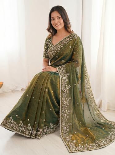Image of ORHANS Women's Tissue Silk Ethnic Motifs Embroidered Tissue Heavy Work Saree with Embroidered With Unstitched Blouse Piece Blouse Piece | Beautiful Saree for Women | Traditional Indian Sari
