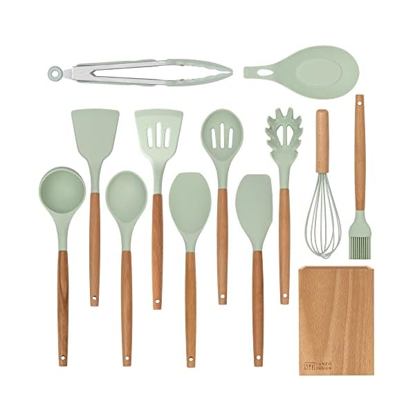 Lanzo Design Kitchen Utensil Set, 13 pcs Non-Stick Silicone Cooking Utensils Spatula Set with Wooden Holder (Mint)