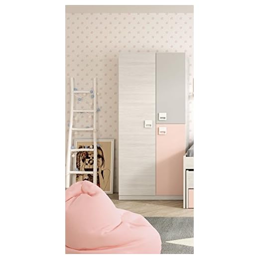 Armario ropero juvenil infantil 3 puertas, barra interior y 3 estantes color blanco, gris y rosa pastel de dormitorio (medida: 90cm ancho x 200cm altura x 52cm fondo)