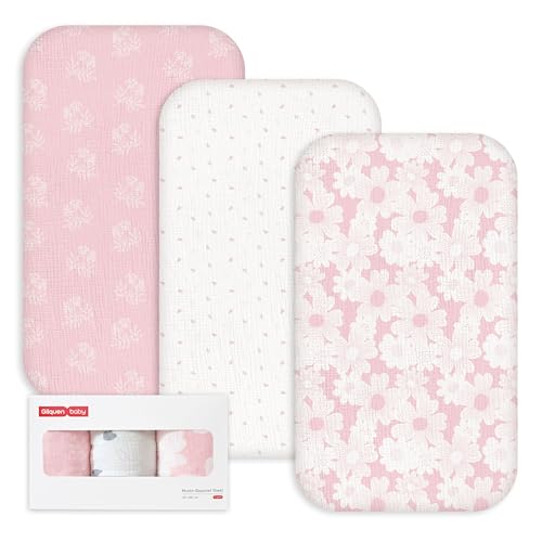 Image of Gllquen Baby 3-Pack Muslin Cotton Bassinet Sheets, 33"x20" Fitted Crib Sheets for Bedside Sleeper & Travel Crib, Oeko-TEX Certified Soft Breathable Sheets, Easy On/Off (Rosebud)