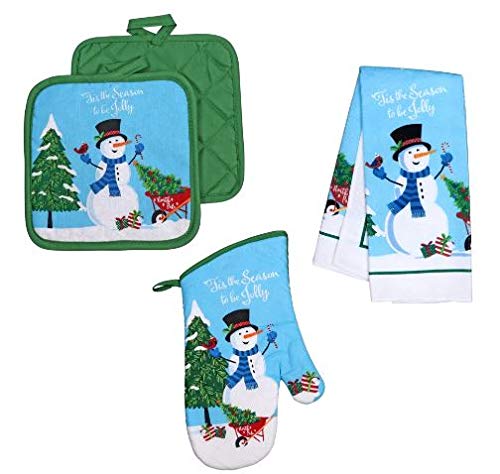 Greenbrier Intl Christmas House Snowman Printed Kitchen Linens (4PCS)