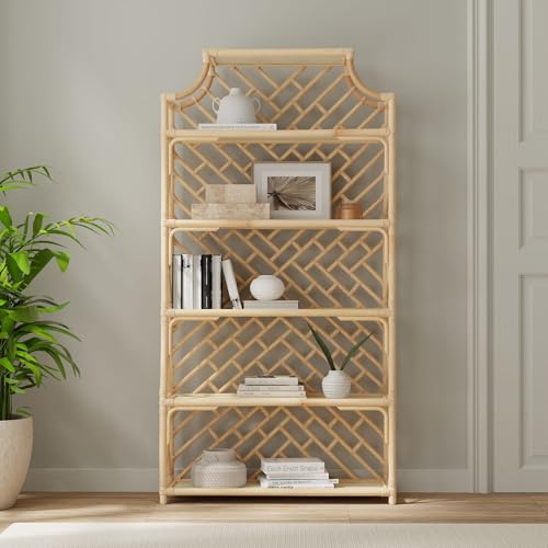 Kouboo Rattan Bookshelf, Natural Chippendale Style Bookcase, Display Storage Book Shelf Organizer, Freestanding Open Plan Stand for Storage Shelving Unit for Living Room, Light Brown by Kouboo - Image 2