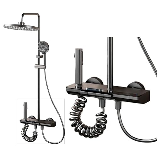 INEX EUROPA Columna Ducha Negro Gris Titanio con Cabezal Redondo - Columna de Ducha 4 Modos y Altura Ajustable – Cabezal, Chorro, Grifo y Alcachofa de Ducha – 10 Años de Garantía