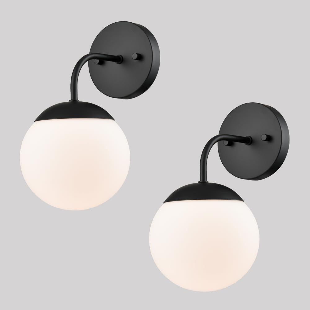 DANSEER Black Wall Sconce Modern Nordic Style Milky Globe Glass Shade for Bathroom Vanity Light Set of 2