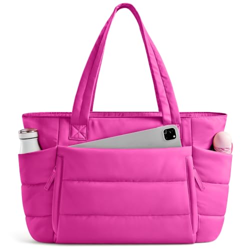 Tote Bag for Women with Zipper Quilted Puffer Tote Bag with Compartments Lightweight Puffy Work Bags for Women Travel (Raspberry Pink)