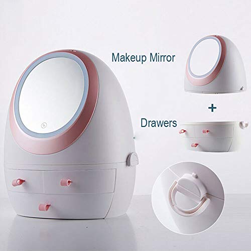 Image of PYU ENJOY SHOPPING Cosmetic Storage Box with Mirror and 360 Rotating Cover, Inside, Outside, White & Pink