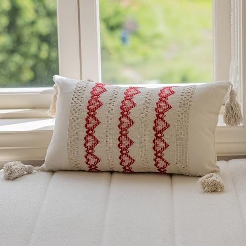 vctops Boho Cotton Linen Decorative Throw Pillow Covers with Tassels 16x24 Inch Cute Red Heart Pillow Cover Macrame Woven Cushion Case for Couch Bed Kid Girls Women Valentine's Day (Red Heart,16"x24")