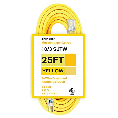 25 Foot Lighted Outdoor Extension Cord - 10/3 SJTW Yellow 10 Gauge Cable