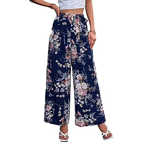 BlancsserD Womens Wide Leg Palazzo Trousers Pants Elasticated High Waist A Line Floral Print Zip Off Trousers Cover