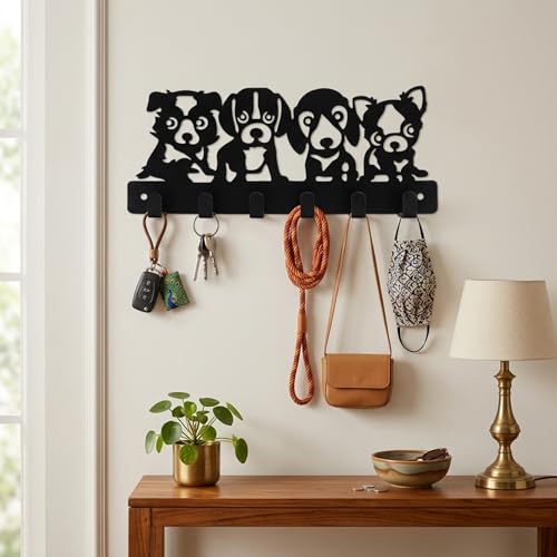 Image of Metal Key Holder for Home Decor, Dog Design Key Holder Wall Mount with 6 Hooks, Matte Black Keychain Holder for Wall, Home Key Holder for Wall & Car Keys, Entrance Decor | Cat Design, Includes Mounting Screws, For Home Use, 6 Hook Hanger, Metal Construction