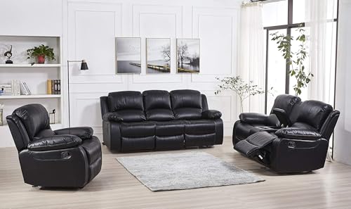 Betsy Furniture 3PC Bonded Leather Recliner Set Living Room Set, Sofa, Loveseat, Chair 8018 (Black, Living Room Set 3+2+1)