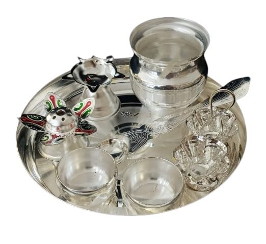 Silver Plated Pooja thali Combo Set of 8 Pieces for Housewarming Pooja/Diwali Festival/Gift Item