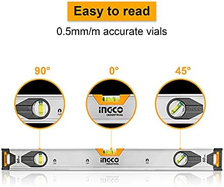 INGCO 24Inch, 600mm Magnetic Spirit Level with Powerful Magnets Rubber Shockproof Including 3 Easy-Read Level Bubbles HSL38060M