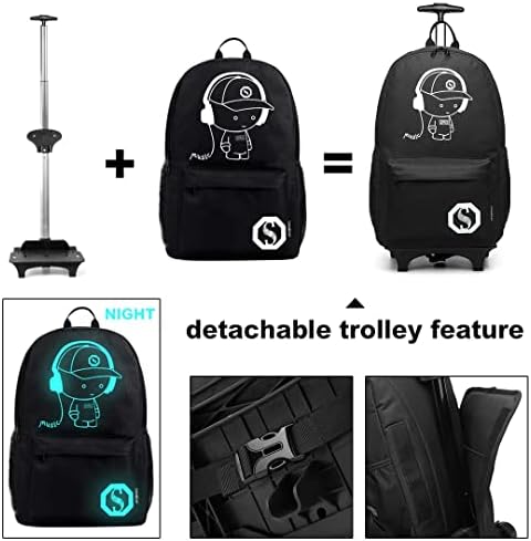 Kono Functional Laptop Rucksack with Rolling Wheels Lightweight and Waterproof Luminous Music Boy Detachable Trolley Backpack Cabin Luggage Bag (Pink-Upgrade)