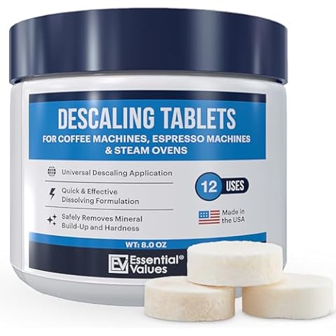 Essential Values Coffee Cleaner Descaling Tablets - 12 Count Descaler Coffee Machine - For Jura, Miele, Bosch, Tassimo Espresso Machines and Miele Steam Ovens Cover