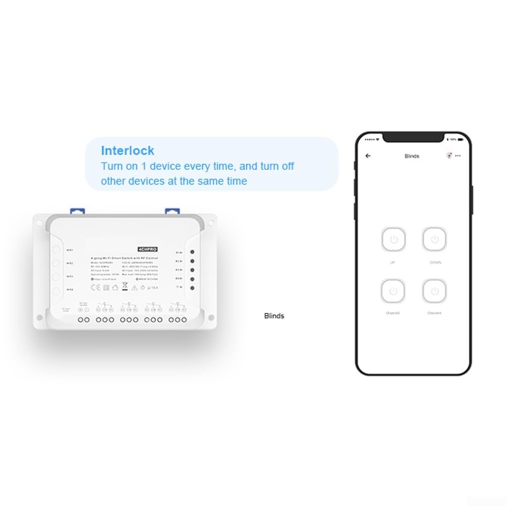 4CHPROR3 Commutateur intelligent WiFi sans fil, 4 Gang Pouces/Autoverrouillage/Interlock WiFi RF Télécommande Commutateur