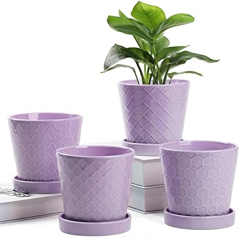 BUYMAX Plant Pots Indoor –5 in Ceramic Flower Pot with Drainage Hole and Ceramic Tray - Gardening Home Desktop Office Windowsill Decoration Gift, Set of 4 - Plants Not Included(Purple)