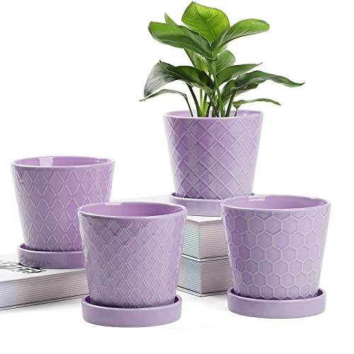 Buymax Plant Pots Indoor –5 In Ceramic Flower Pot With Drainage Hole And Ceramic Tray - Gardening Home Desktop Office Windowsill Decoration Gift, Set Of 4 - Plants Not Included(Purple) #TOP2