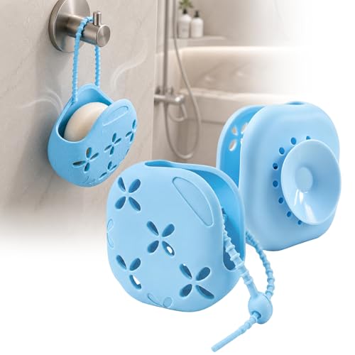 ALAFLY Lot de 2 Supports en Silicone pour Shower Steamers avec Ventouse, Porte-Galet Aromathérapie Suspendu & Porte-Savon Drainant pour Douche et Salle de Bain – Réutilisable, Bleu