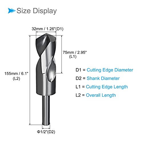 CoCud Verringert Schaft Spiralbohrer 32mm Schnitt Kante 1/2 Schaft Nitride Beschichtet Schnellstahl 6542 Drehung Bohreinsätze - (Anwendungen: für Edelstahl Metall Holz)