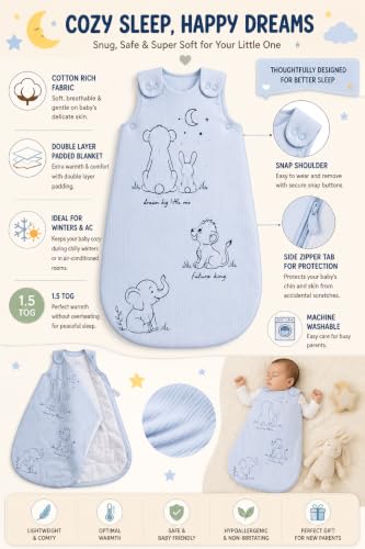 Image of TuddyBuddy Baby Cotton Wearable Quilted Sleeping Bag Blanket 1.5 Tog with 2 Way Zipper Closure | Ideal for Babies & Kids Hypoallergenic Fabrics | (Lions's Family - Sky Blue, 0-6 Months)