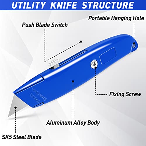 Image of DIYSELF 4 Pack Box Cutters Retractable Utility Knife with 10 SK5 Blades | Aluminum Shell Box Cutter for Papers, Cardboard, and Cartons, Razor Knife, Pipe Cutter (Red, Blue, Yellow, Black)