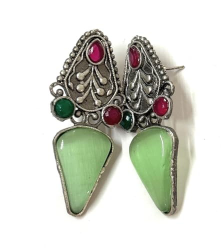 Image of Oxidised Silver Tone Dangler brass Earrings with Green Cat Eye Stone Drop and Ruby Emerald Accents, Traditional Indian Style
