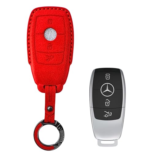 Image of KMH Alcantara Car Key Cover Compatible with Mєrcєdєs W205, E320L, C200, C180, C260, C300 Series Model 3 Buttons Shell Case Holder Full Key Protector Smart Keycover with Keychain, Red - Pack of 2