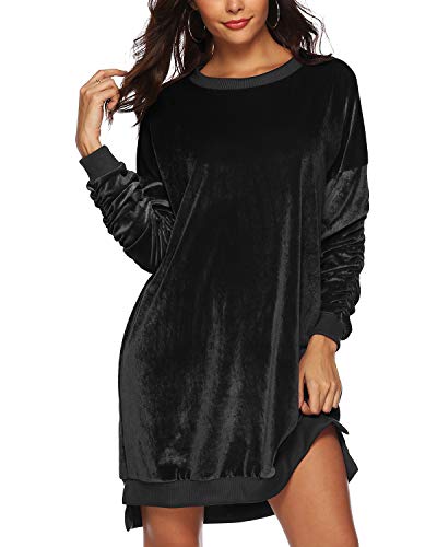 Auxo Women Long Sleeve Hoodies Dress Oversize Boat Neck Velvet Sweatshirt Long Tunic Top Casual Loose Pullover Black L
